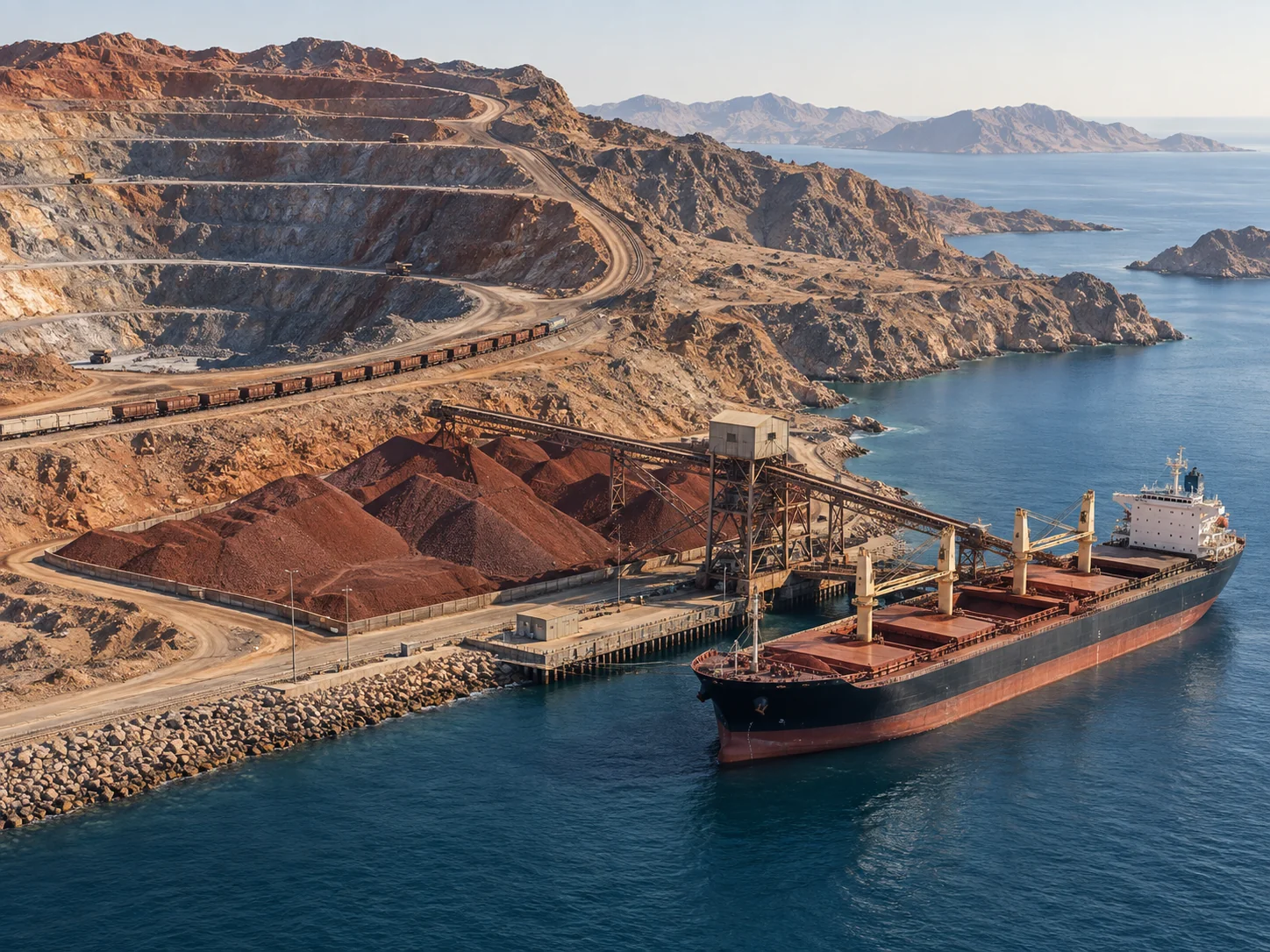 Terraced mineral mine connected by ore rail wagons to stockpiles, a shiploader, and a dry-bulk carrier at a coastal terminal.