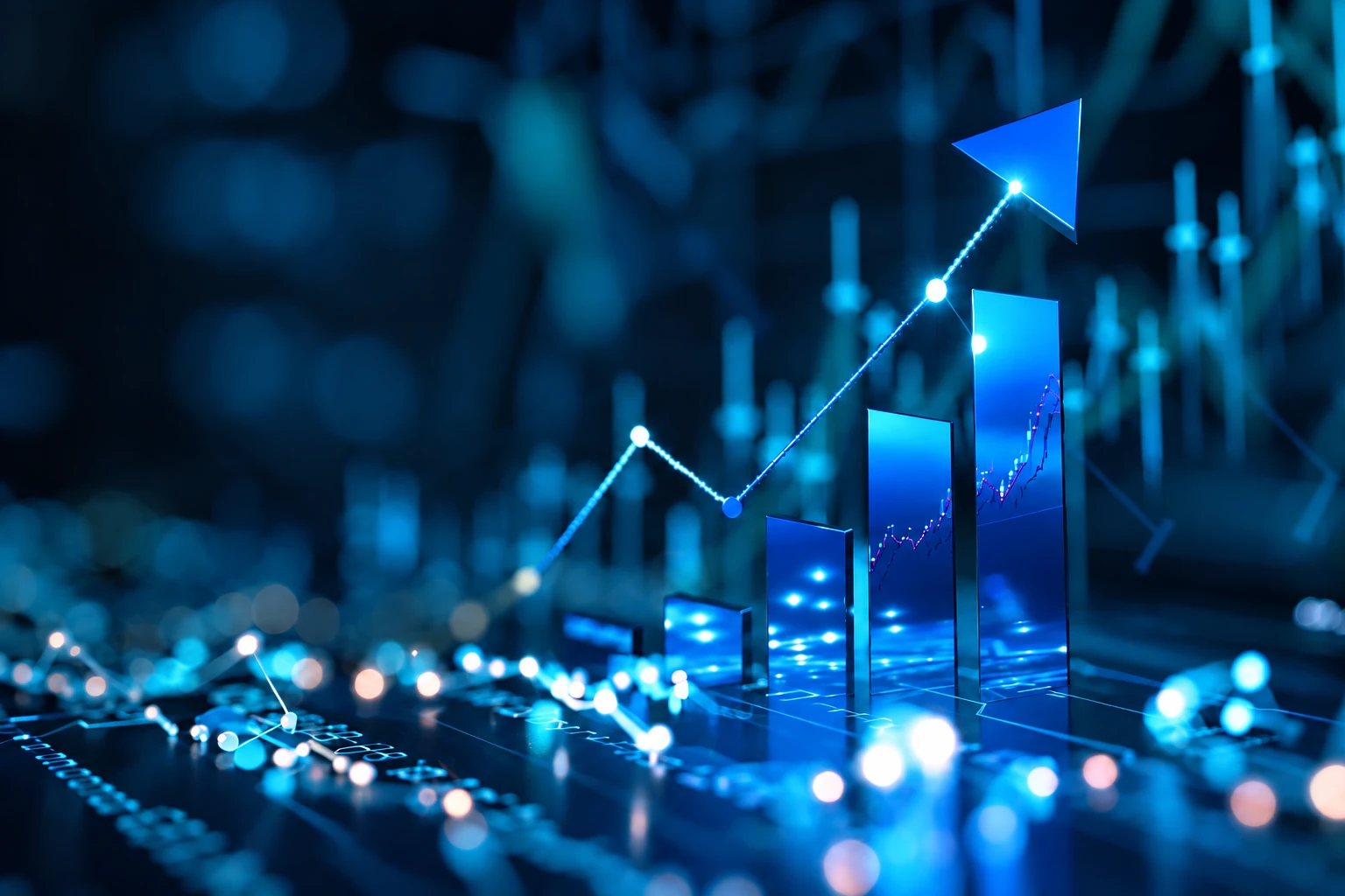 A blue illustration of rising bars and a price line against a dark financial chart background.