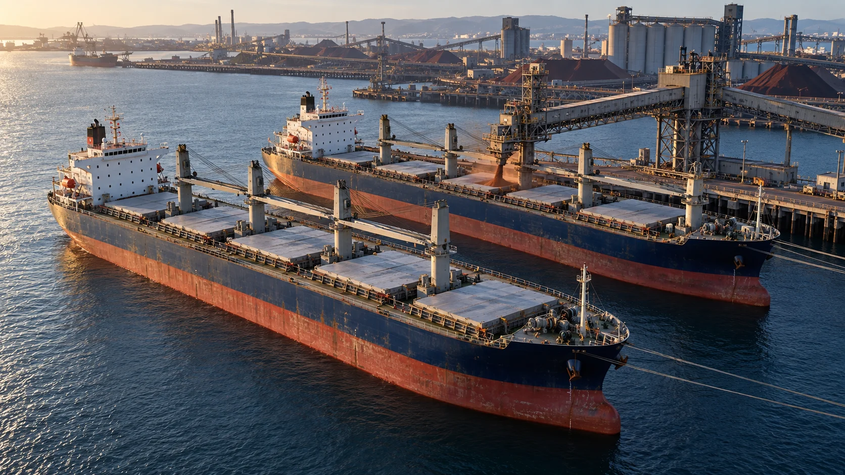 Two geared dry bulk carriers with steel cargo hatches alongside a mineral terminal with stockpiles and conveyor shiploaders.