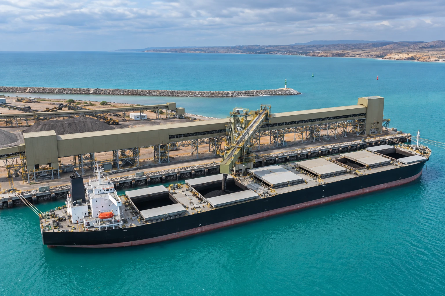 A dry-bulk carrier loads beside a covered mineral export shed and conveyor shiploader on a turquoise coastal berth.