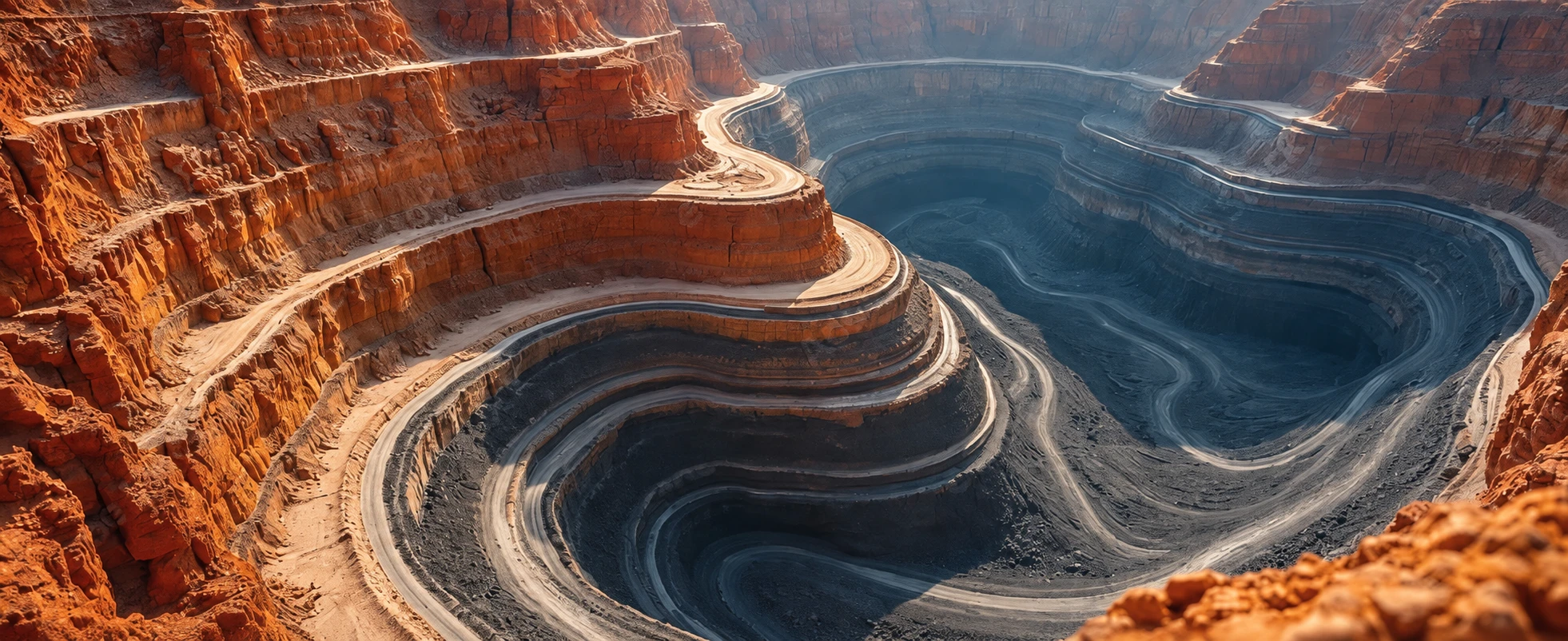 A terraced open-pit mine with rust-orange rock faces, winding haul roads, and a deep blue-grey excavation.