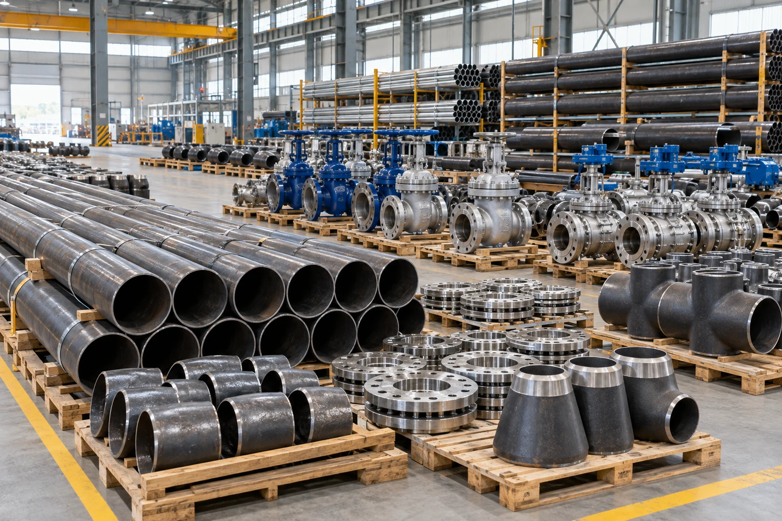 Industrial carbon-steel and stainless-steel pipes, flanges, elbows, tees, reducers, and large valves arranged for inspection in a warehouse.