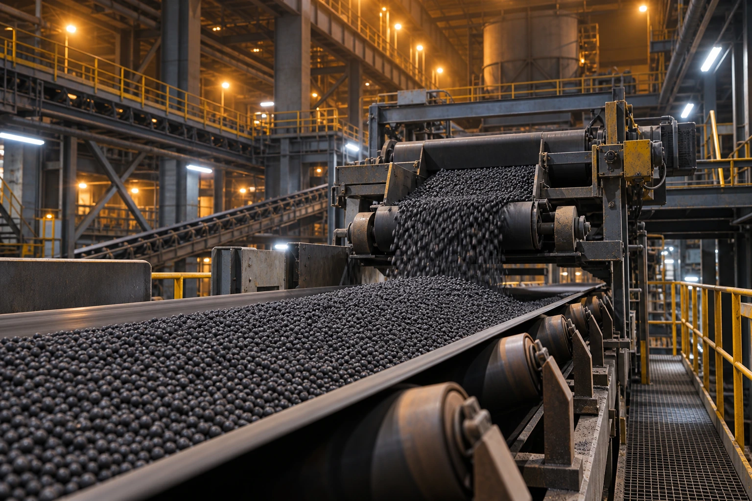 Dark grey iron ore pellets transfer between heavy-duty conveyors inside a steel-framed industrial plant under warm amber and cool white factory lights.