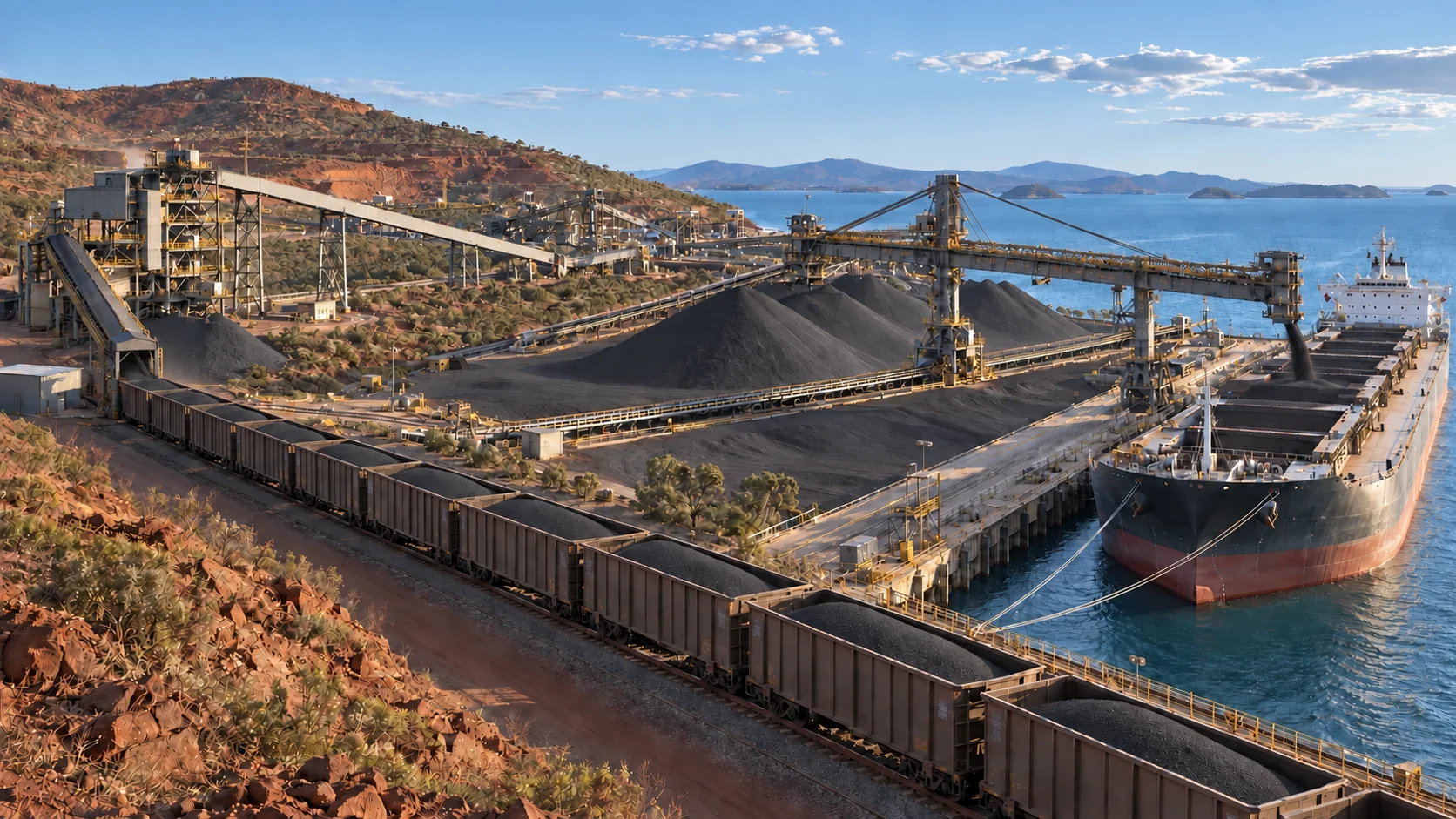 Fine iron ore concentrate moves from a coastal processing plant by conveyor and loaded gondola rail wagons to stockpiles and a dry-bulk carrier at the terminal.