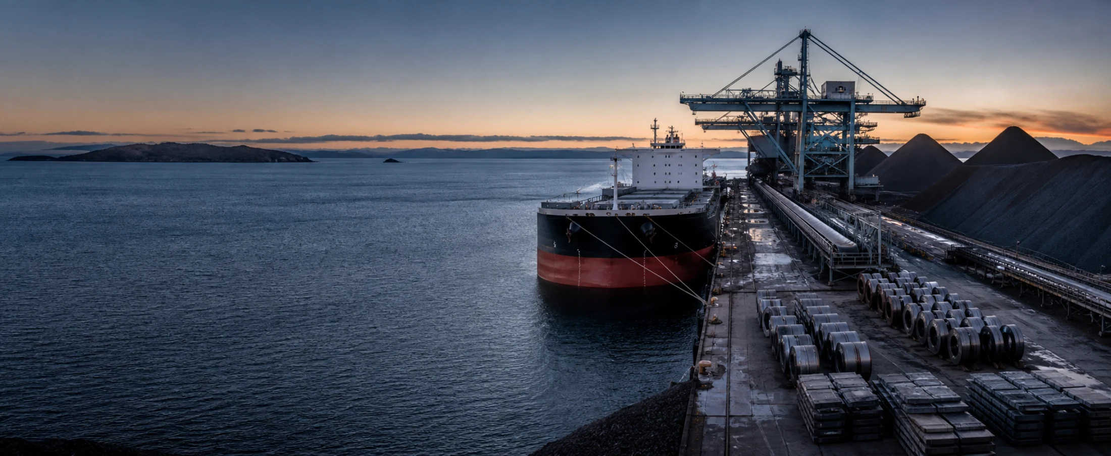 A bulk carrier loading beside iron ore stockpiles and organized steel products at an industrial port.