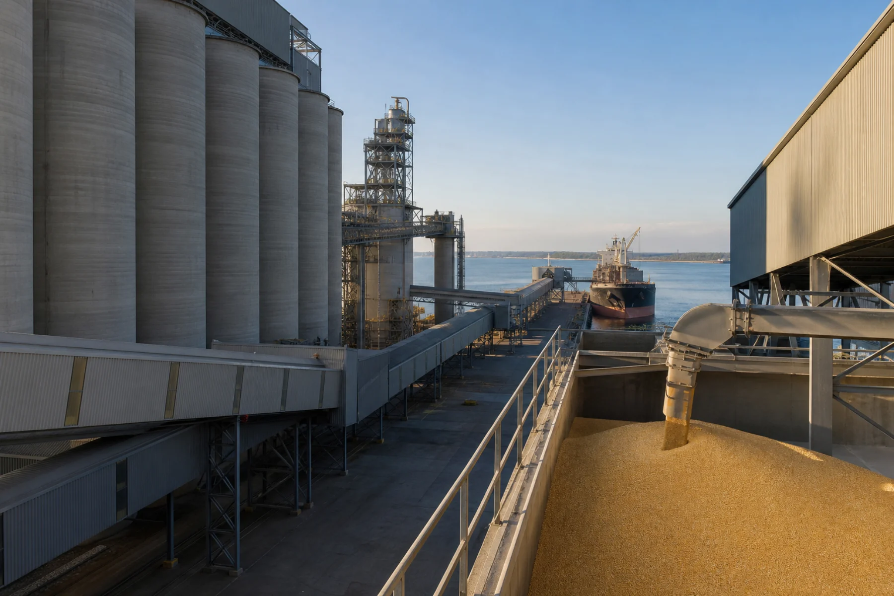 A grain export terminal with concrete silos and covered conveyors.