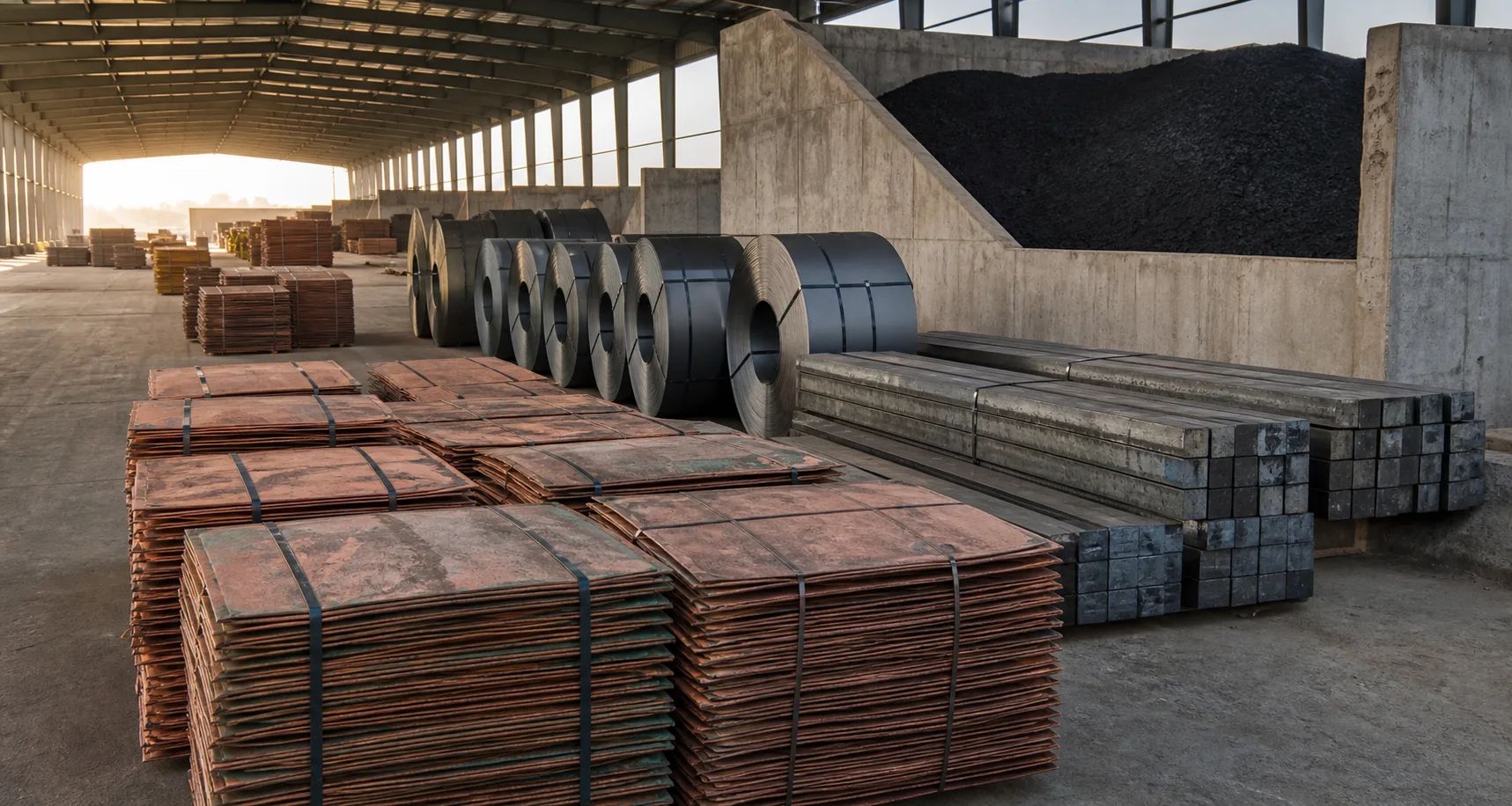 Copper cathodes, steel coils, billets, and mineral concentrate arranged inside an industrial terminal.