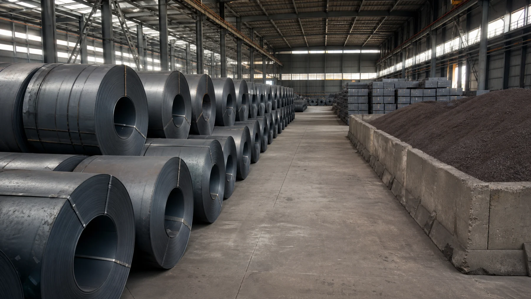 Orderly steel coils, billets, and mineral concentrate inside an industrial storage terminal.