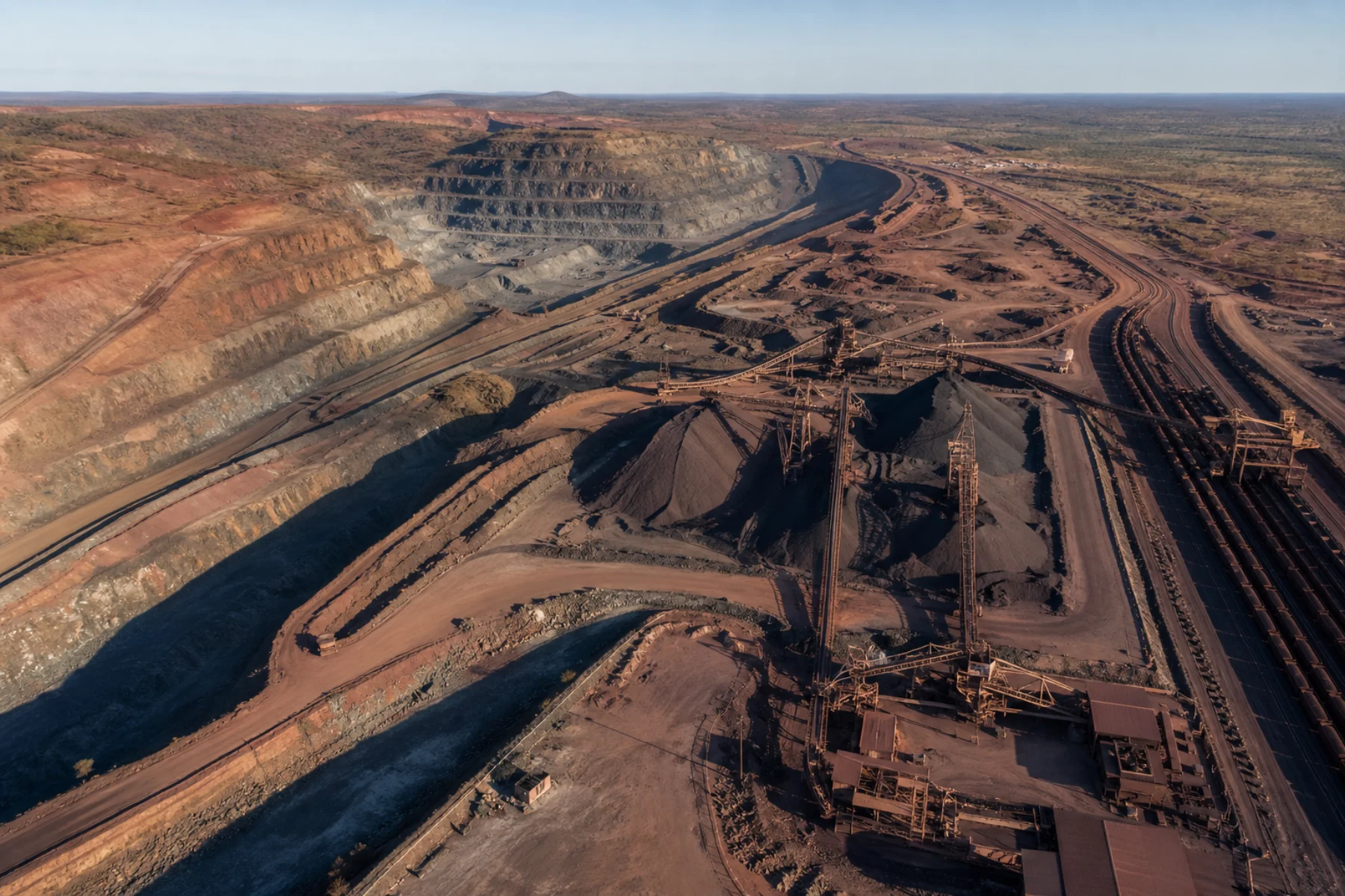 An open-pit iron ore mine connected to crushing, stockpiling, and rail infrastructure.